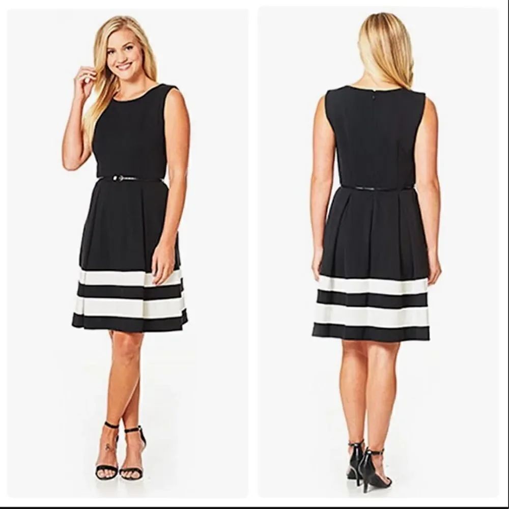 CALVIN KLEIN Black & White Stripe Hemline Fit & Flare Dress SIZE 8